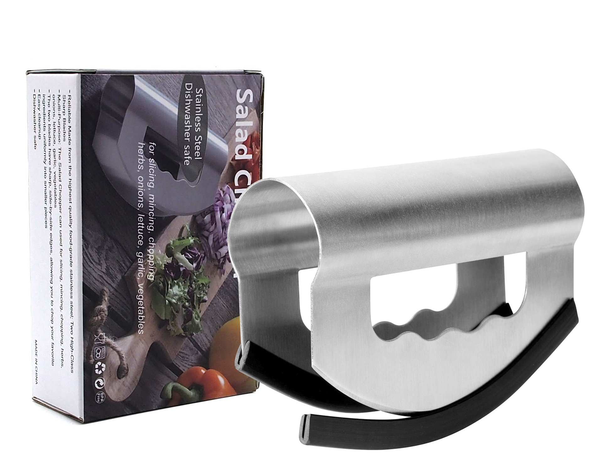 Stainless Steel pesto Cutter Mezzaluna Cutter herb chopper with double blade cutter and color box