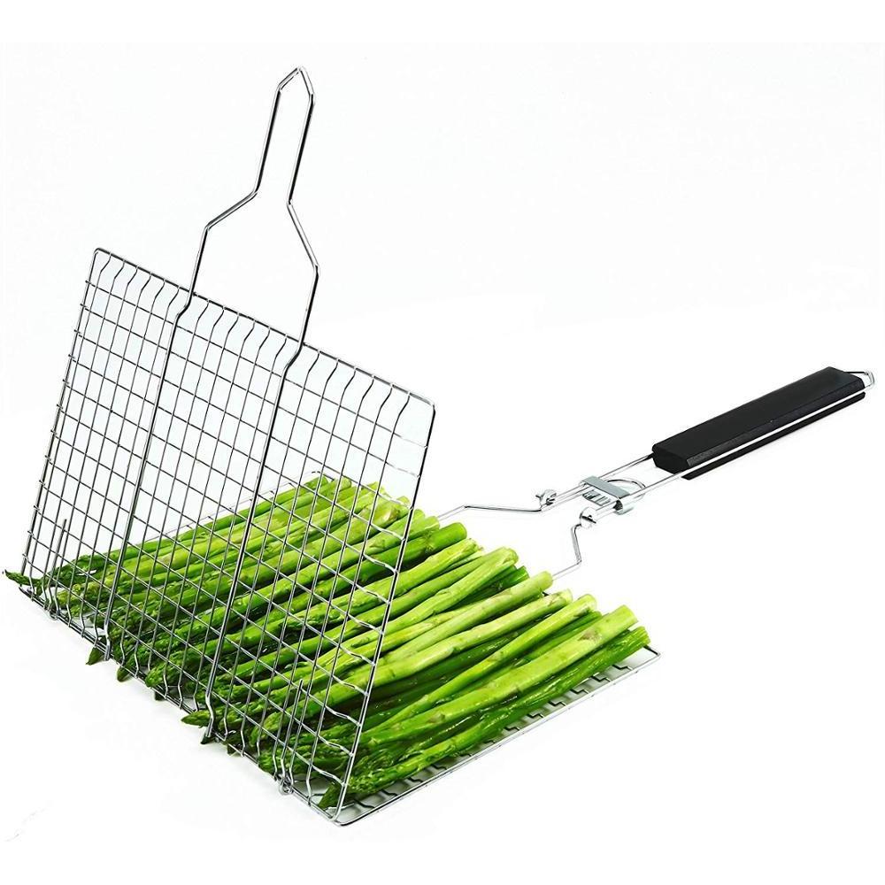 Portable 430 Stainless Steel Vegetable BBQ Grilling Basket Barbecue Accessories Tools Set with Removable Wood Handle