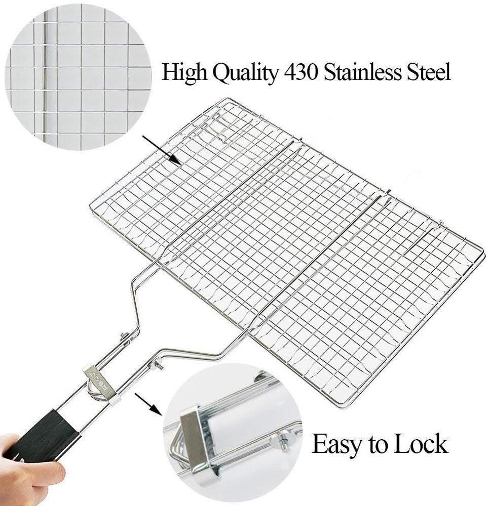 Portable 430 Stainless Steel Vegetable BBQ Grilling Basket Barbecue Accessories Tools Set with Removable Wood Handle