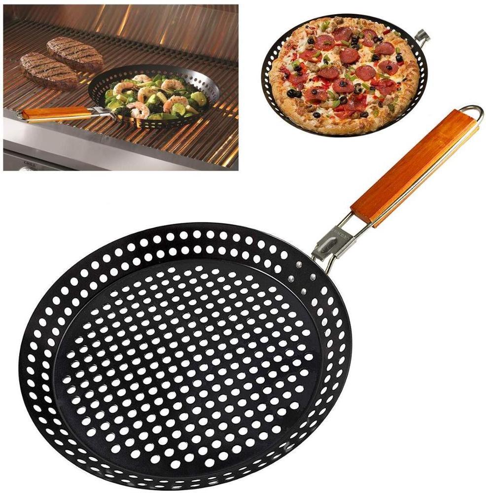 Non Stick Coating Grill Skillet Grill Topper with Removable Wooden Handle