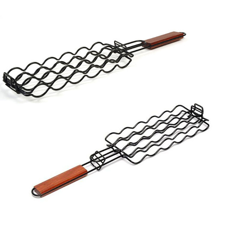 Non Stick Coating Adjustable Sausage Grill Basket With Wooden Handle