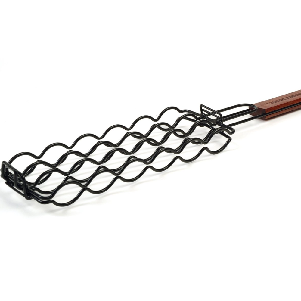 Non Stick Coating Adjustable Sausage Grill Basket With Wooden Handle