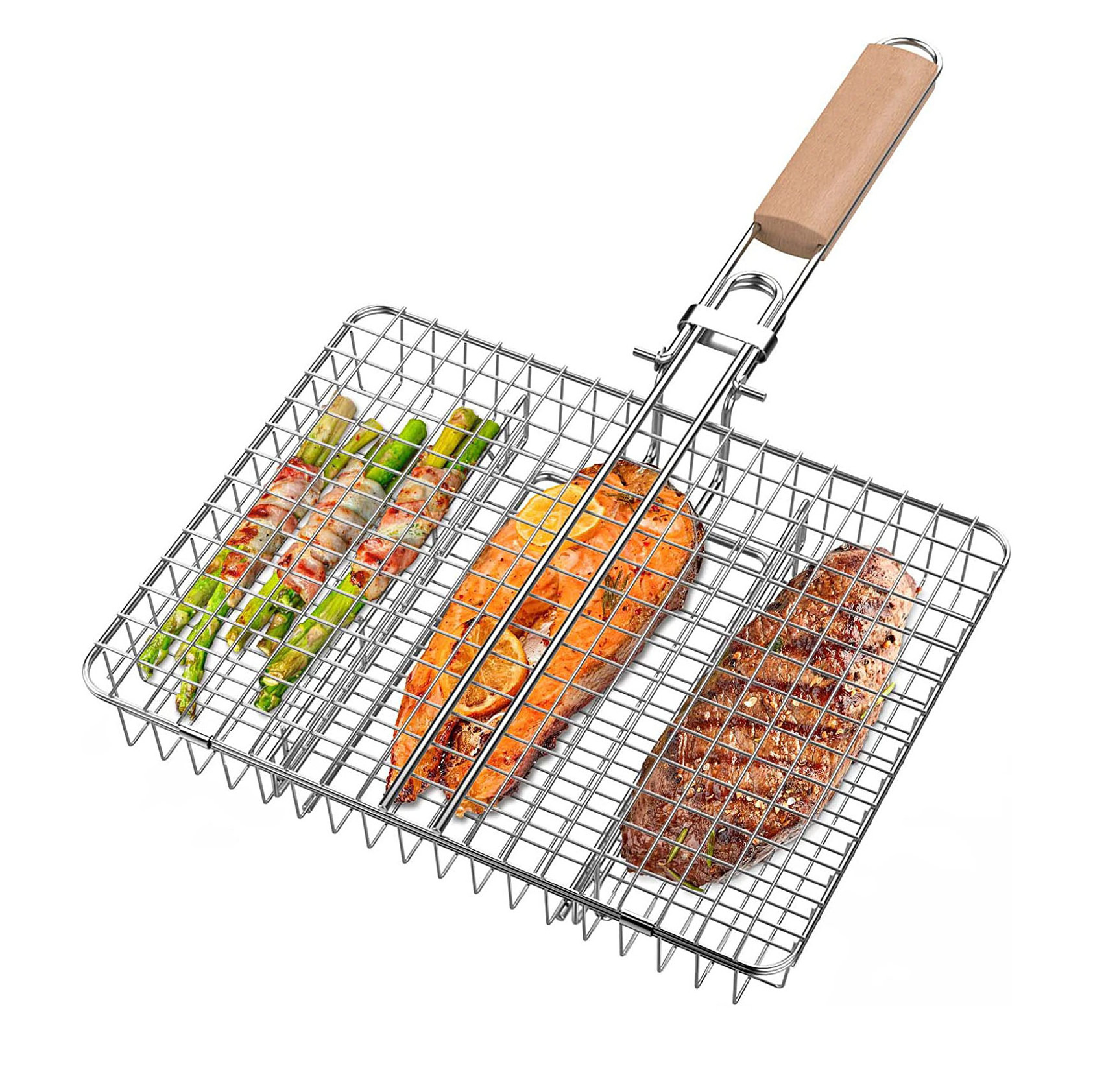 Grill Basket Fish Basket Stainless Steel Outdoor Grill Accessories BBQ Grilling Basket for Meat Steak Shrimp Vegetables