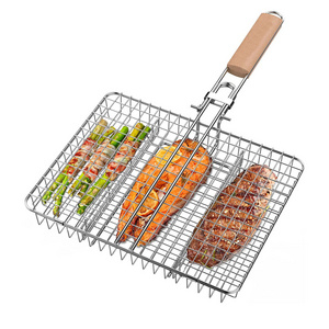 Grill Basket Fish Basket Stainless Steel Outdoor Grill Accessories BBQ Grilling Basket for Meat Steak Shrimp Vegetables