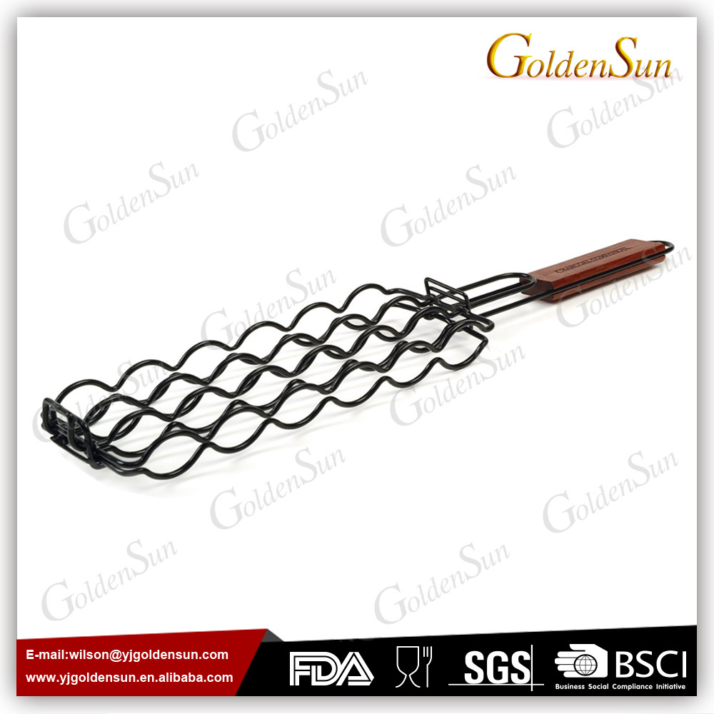 Non Stick Coating Adjustable Sausage Grill Basket With Wooden Handle