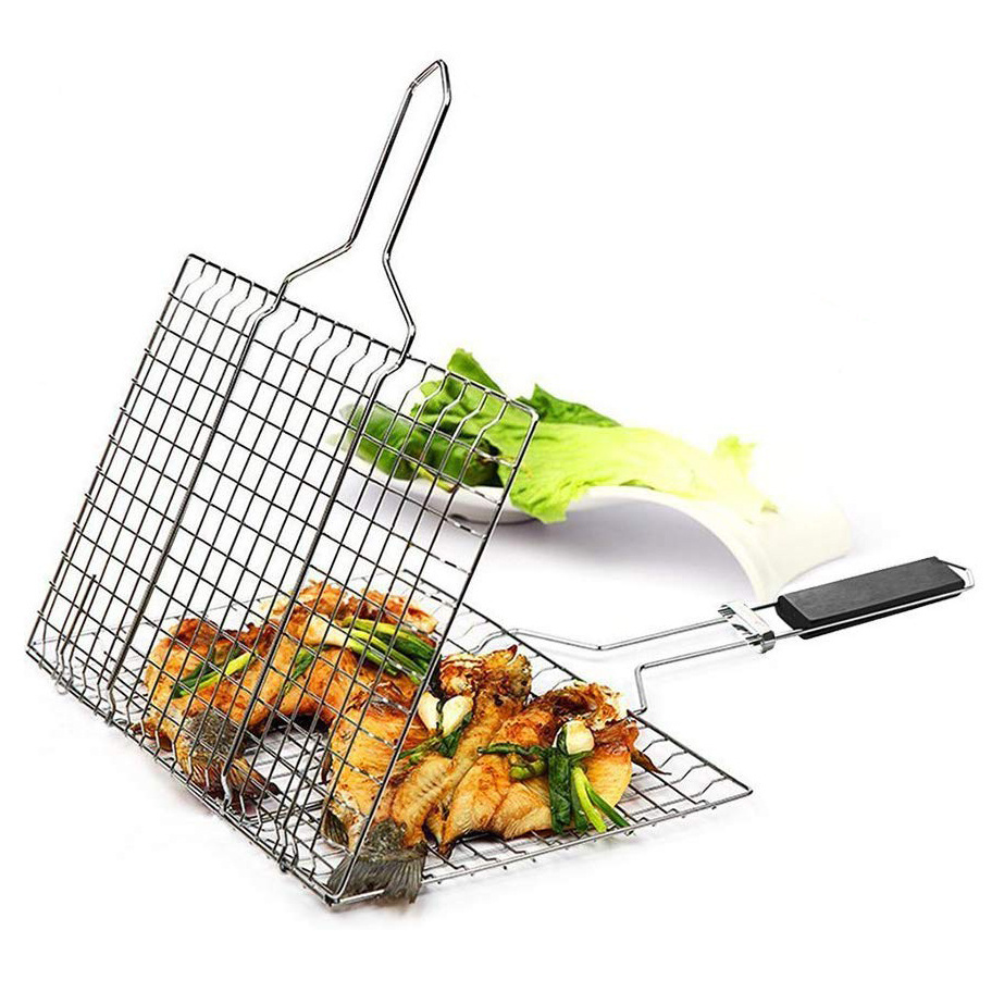 Portable 430 Stainless Steel Vegetable BBQ Grilling Basket Barbecue Accessories Tools Set with Removable Wood Handle