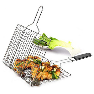 Portable 430 Stainless Steel Vegetable BBQ Grilling Basket Barbecue Accessories Tools Set with Removable Wood Handle