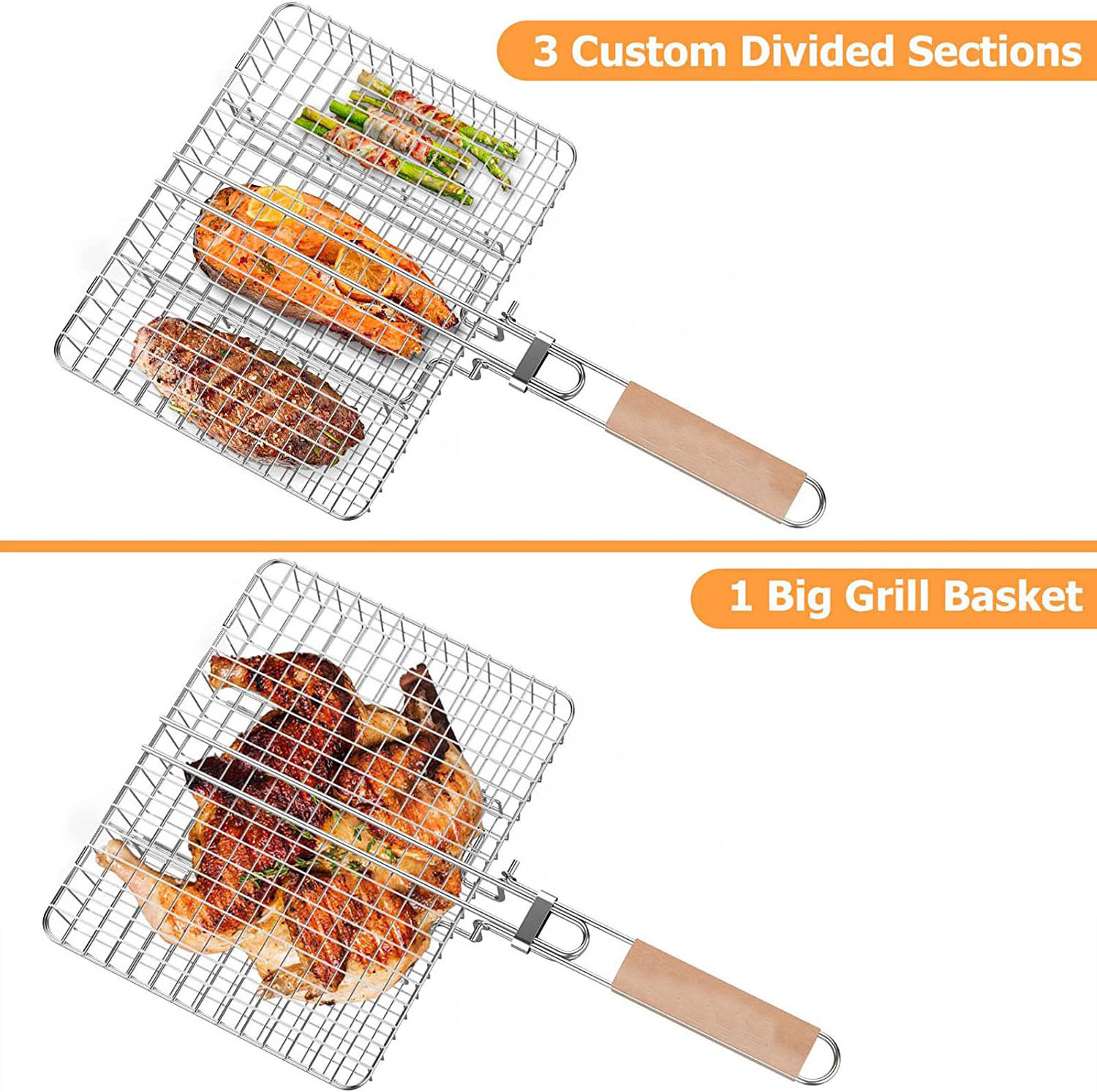 Grill Basket Fish Basket Stainless Steel Outdoor Grill Accessories BBQ Grilling Basket for Meat Steak Shrimp Vegetables