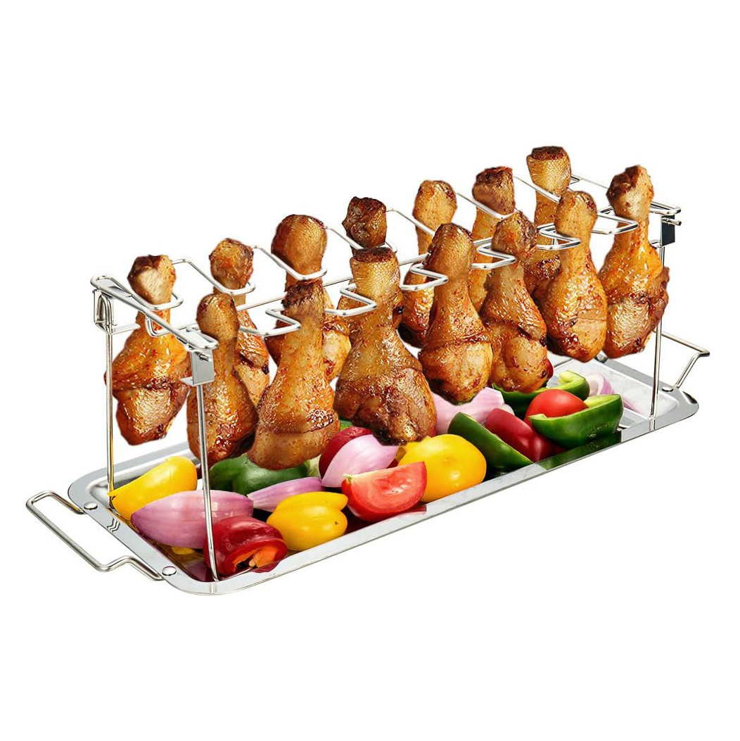 Premium Stainless Steel 14 Slots Chicken Wing Leg Drumstick Rack Holder with Drip Tray BBQ Barbecue Grill Accessories Tools set