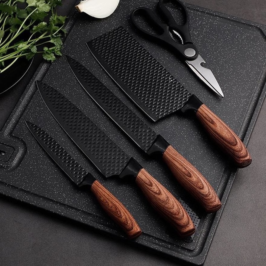 hot selling kitchen knife accessories wood grain pattern kitchen knives stainless steel knife set for kitchen