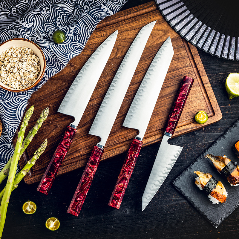 3Pcs Handmade High Carbon Stainless Steel Kitchen Chef Knife Set Chef Kiritsuke Garasuki Knife Red Resin and Copper Cloth Handle