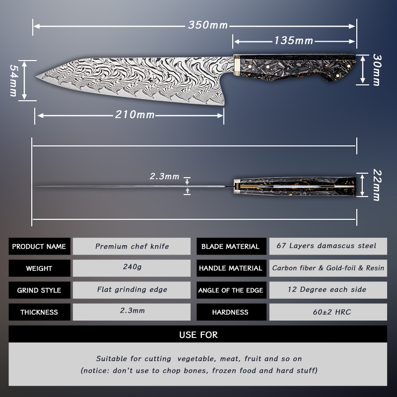 8 Inch Damascus Knife Chef knife 67 Layers Stainless Steel Profession Cooking Kitchen Knife with Carbon Fiber & Gold-Foil Handle