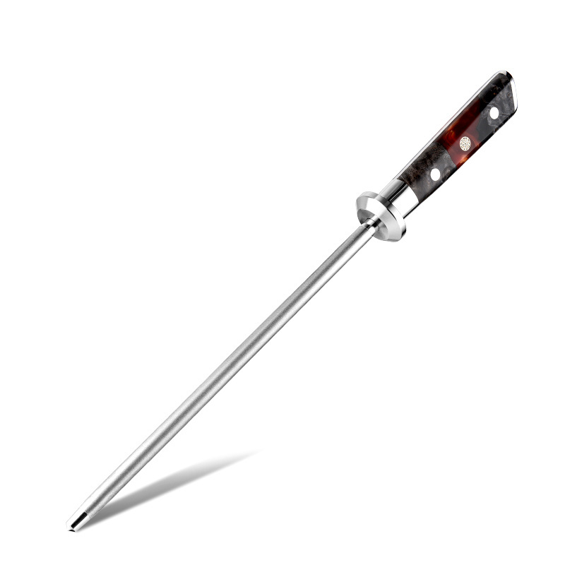 High Quality 10 Inch Kitchen Knife Blade Sharpener Diamond Sharpening Rod Tool with Solidified Wood & Red Resin handle