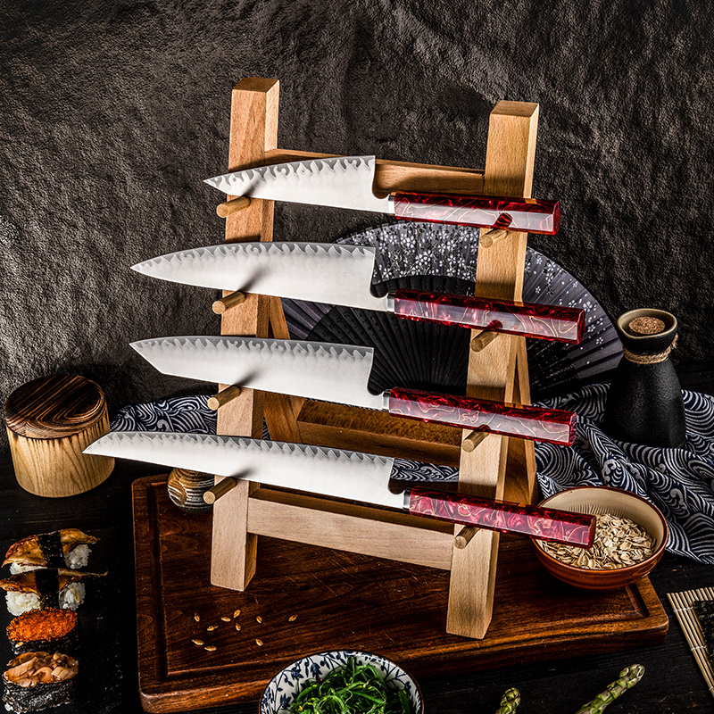 3Pcs Handmade High Carbon Stainless Steel Kitchen Chef Knife Set Chef Kiritsuke Garasuki Knife Red Resin and Copper Cloth Handle