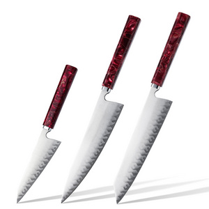 3Pcs Handmade High Carbon Stainless Steel Kitchen Chef Knife Set Chef Kiritsuke Garasuki Knife Red Resin and Copper Cloth Handle