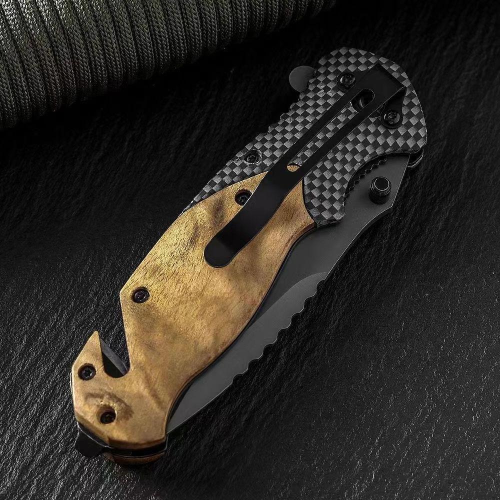 stainless steel blade engraved olive wood handle knife camping tactical folding knife