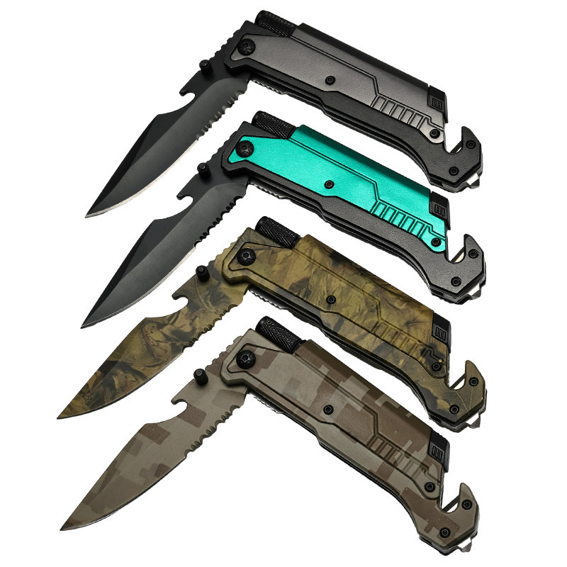 Popular style multifunctional folding pocket knife black with LED flashlight and fire starter