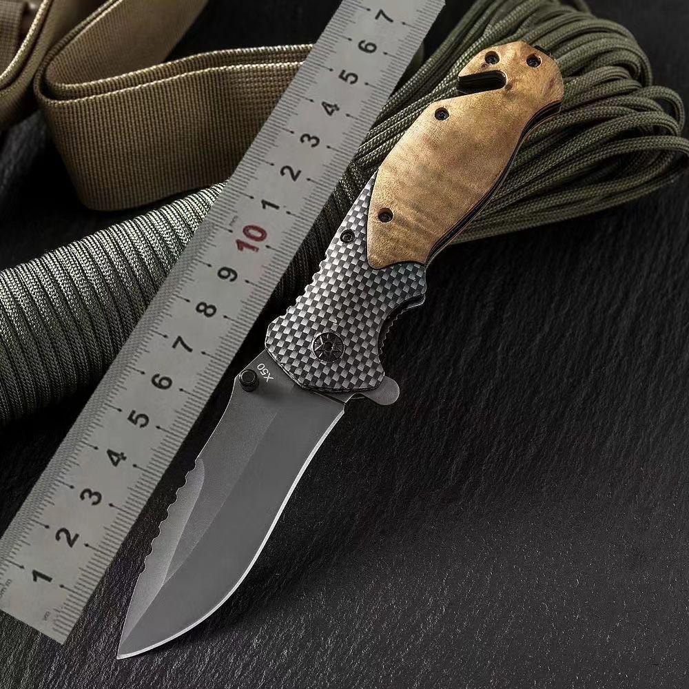 stainless steel blade engraved olive wood handle knife camping tactical folding knife