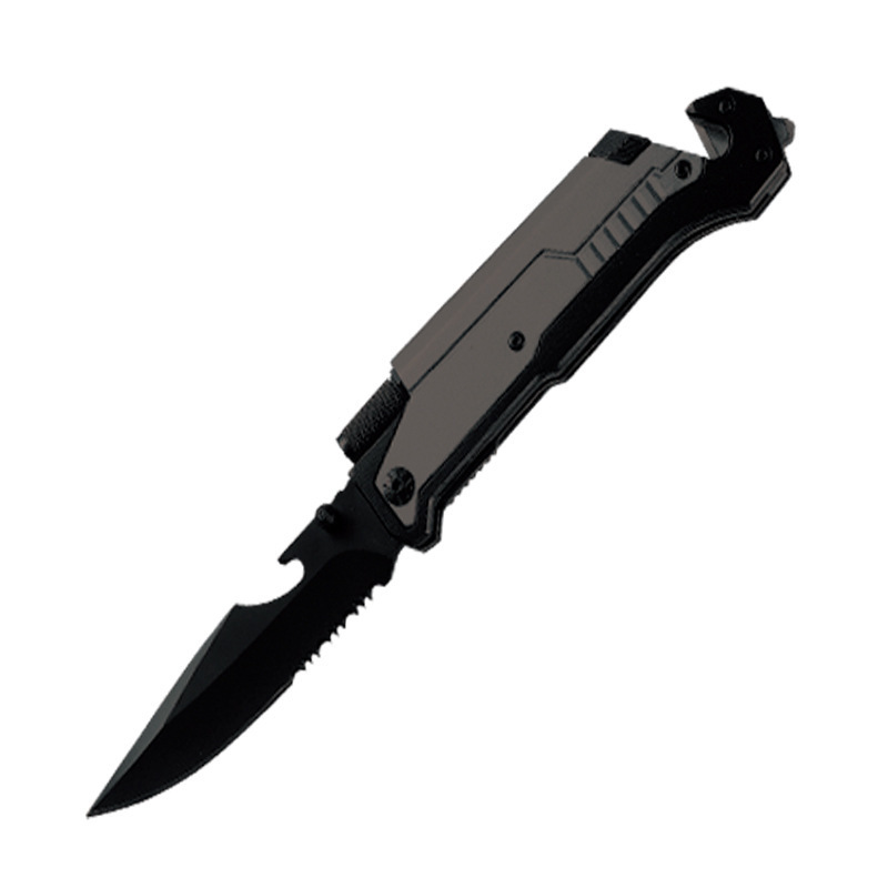 Popular style multifunctional folding pocket knife black with LED flashlight and fire starter