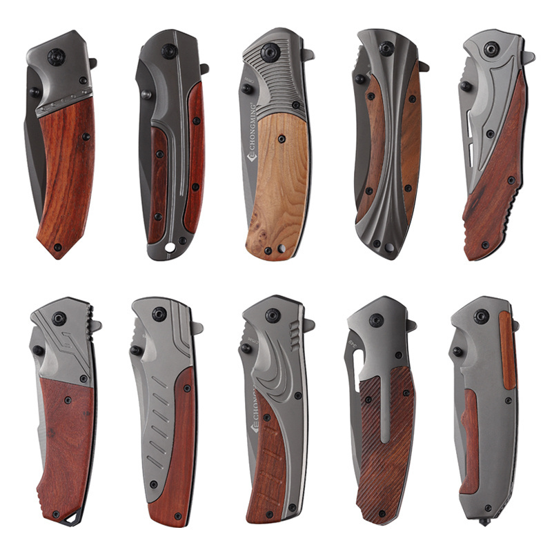 ECO friendly products 2024 wooden handle handmade wholesale custom folding pocket utility stainless steel knifes tactical