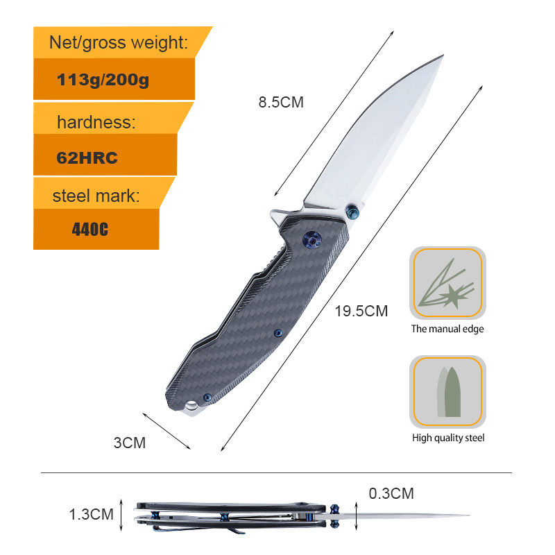 High quality custom wholesale carbon fiber handle Hunting Outdoor Handmade 440 stainless steel Survival Tactical Pocket knife