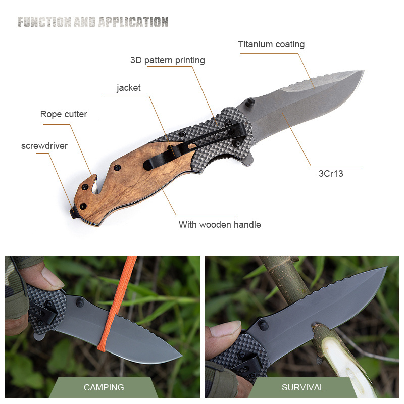 Ready to Ship X50 olive wood handle outdoor camping survival knife self defense tactical folding custom hunting pocket knife