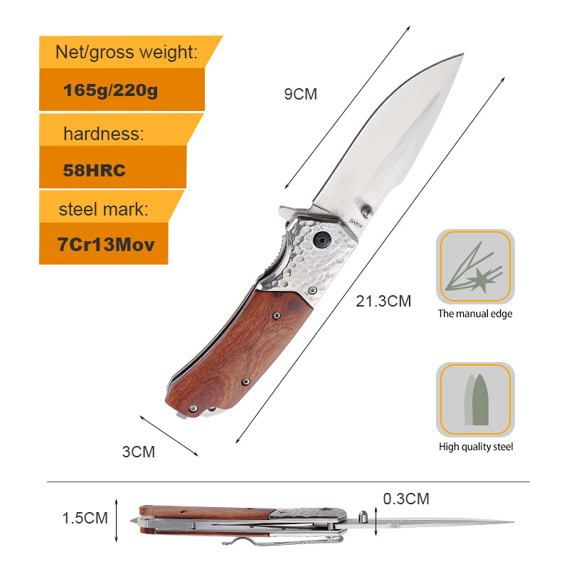 Factory Direct Selling Stainless Steel Blade Wooden Handle Knife Engraving Custom Outdoor Camping Folding Pocket Knife