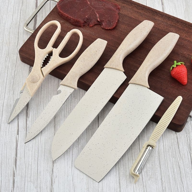 Color wheat straw  gift kitchen knife block for chef meat paring cutting knife with chicken scissors vegetable peeler 6 piece