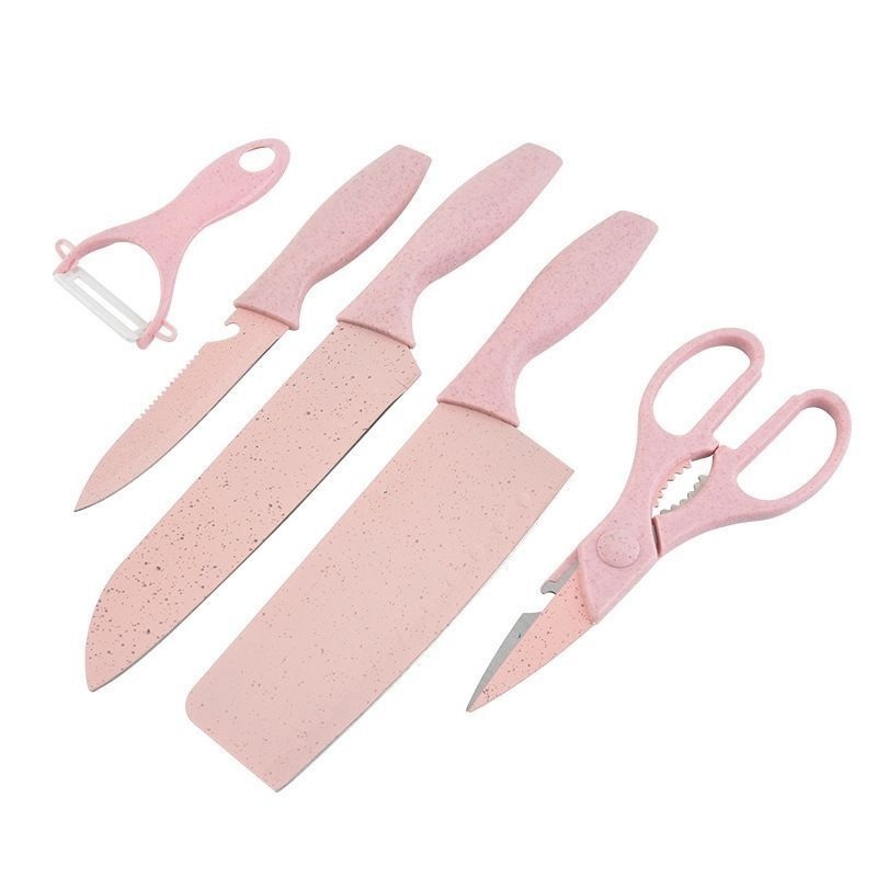 Color wheat straw  gift kitchen knife block for chef meat paring cutting knife with chicken scissors vegetable peeler 6 piece