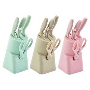 Color wheat straw  gift kitchen knife block for chef meat paring cutting knife with chicken scissors vegetable peeler 6 piece