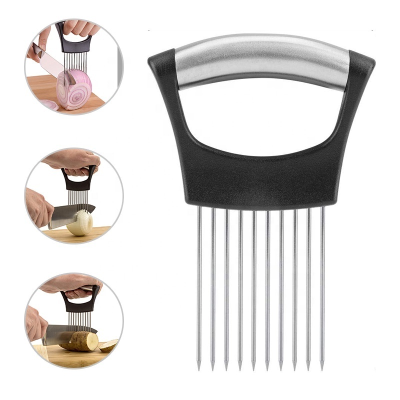 Stainless Steel Food Slicer, Assistant Onion Needle Onion Fork Vegetables Fruit Holder Slicer Tomato Cutter