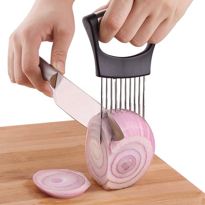 Stainless Steel Food Slicer, Assistant Onion Needle Onion Fork Vegetables Fruit Holder Slicer Tomato Cutter