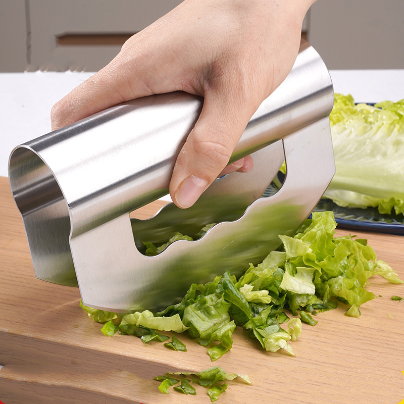 Stainless Steel Mezzaluna Knife Multipurpose Salad Chopper knife with Double Blade Protective Covers for Home and Restaurant