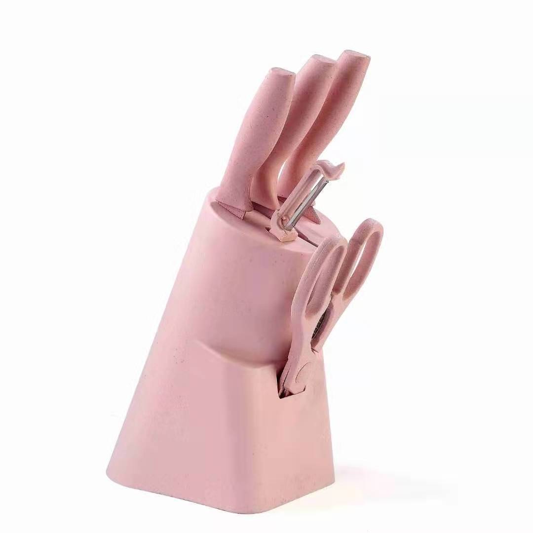 Color wheat straw  gift kitchen knife block for chef meat paring cutting knife with chicken scissors vegetable peeler 6 piece