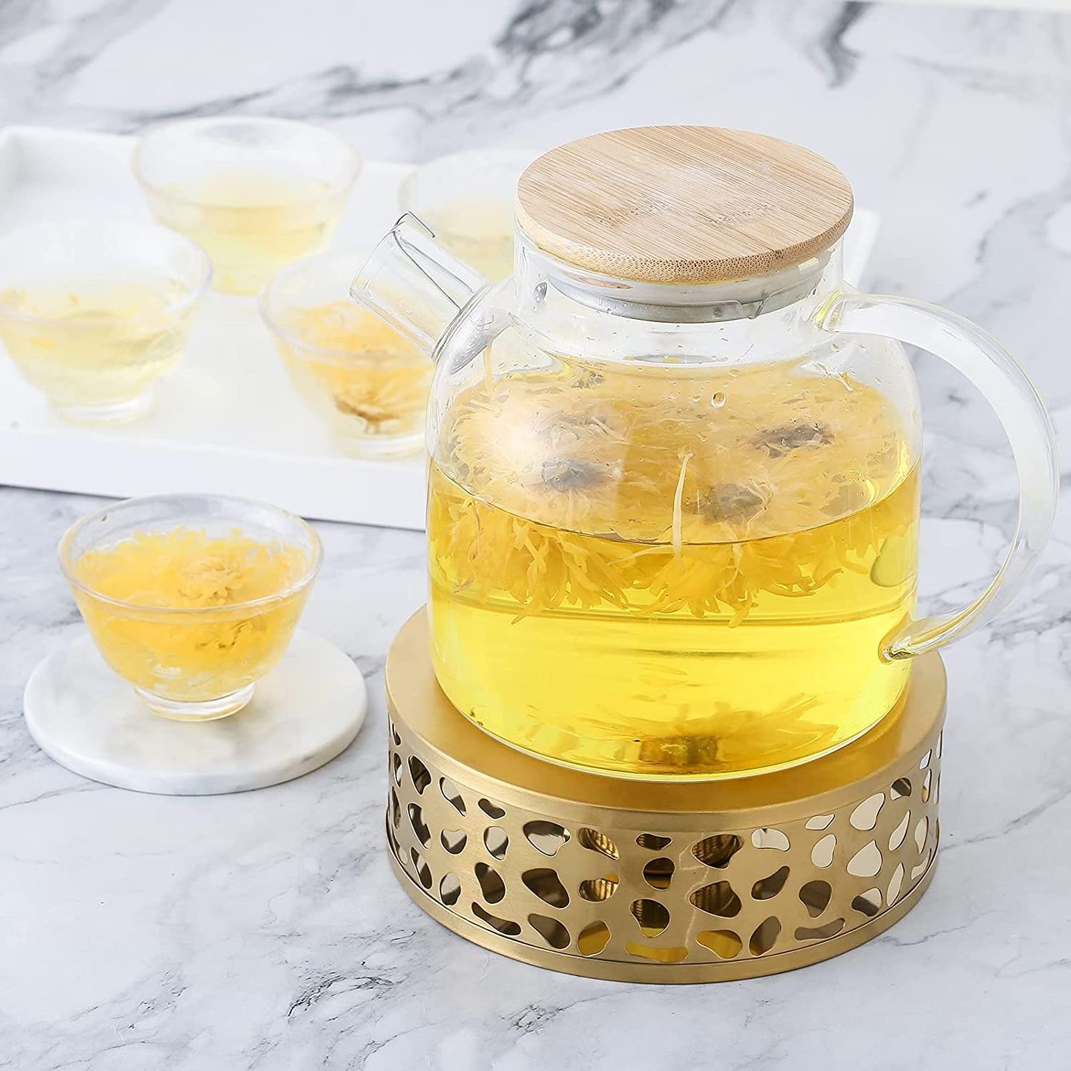 Tea Trivet Gold Stainless Steel Teapot Warmer Base for Glass, Ceramic Teapots and Other Heatproof Pots Warming Use