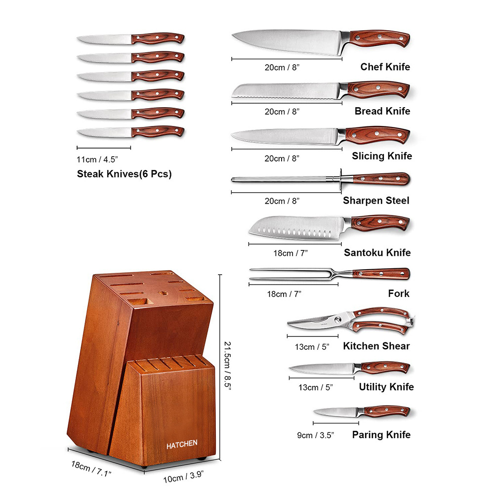 japanese forks 16 Piece chef knives stainless steel sharpener kitchen knife set with wooden block