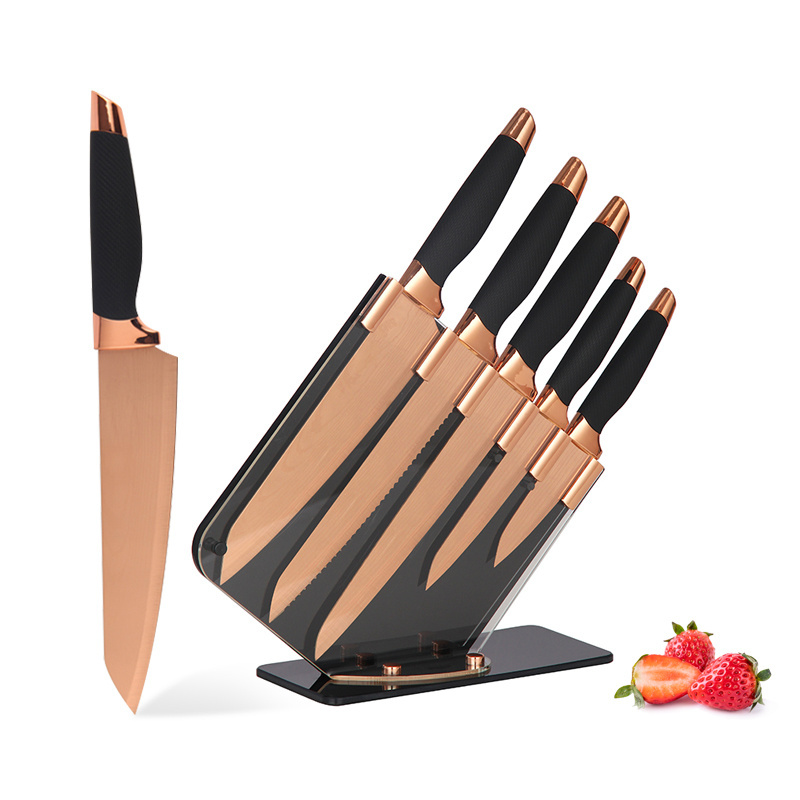 5 pcs Black handle Non Stick Coating Knives Kitchen Set Rose Gold Stainless Steel Titanium Luxurious Acrylic Block