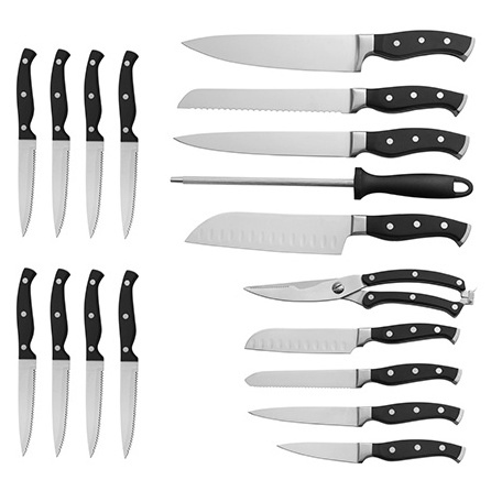 customized stainless steel 19 pcs professional steak forks kitchen chef knives set with wooden block sharpener