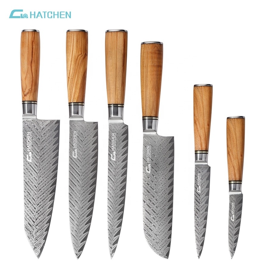 Rose wood Japanese AUS-10 67 layers 6pcs damascus knife sets for kitchen