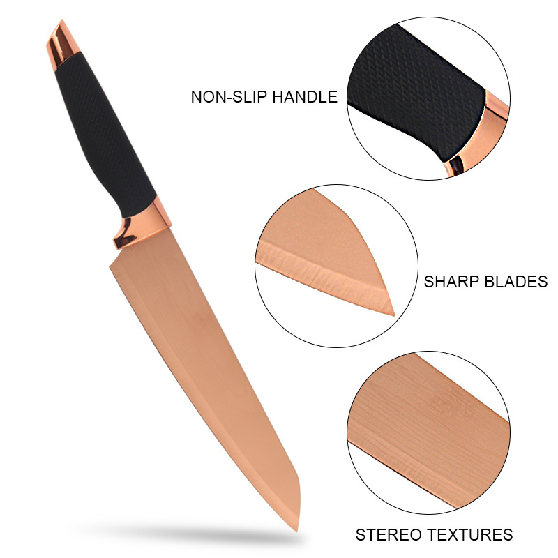 5 pcs Black handle Non Stick Coating Knives Kitchen Set Rose Gold Stainless Steel Titanium Luxurious Acrylic Block