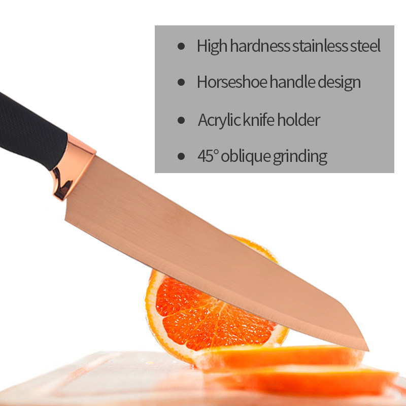 5 pcs Black handle Non Stick Coating Knives Kitchen Set Rose Gold Stainless Steel Titanium Luxurious Acrylic Block