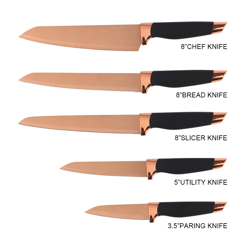 5 pcs Black handle Non Stick Coating Knives Kitchen Set Rose Gold Stainless Steel Titanium Luxurious Acrylic Block