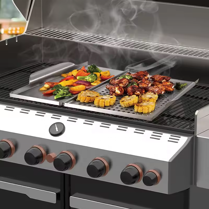 BBQ Grill Pans Stainless Steel Grill Topper with Handle Grilling Pan for Vegetables and Meats