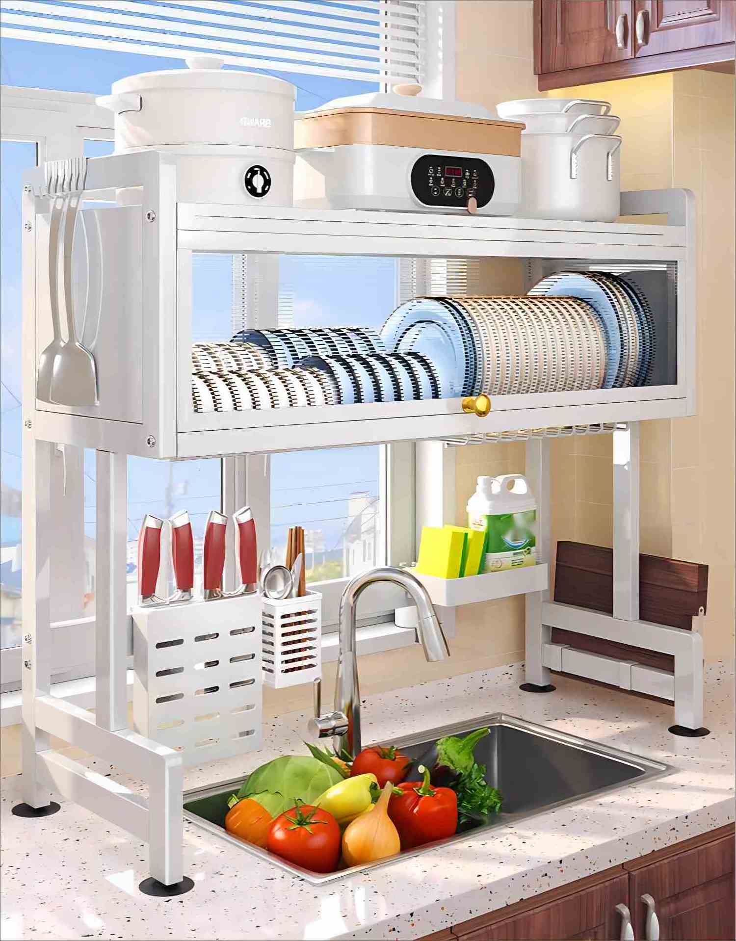 High Efficiency 65-105cm Dish Rack Over Sink Dish Drainer Drying Rack for Kitchen Counter Multifunction Organizer Storage Shelf