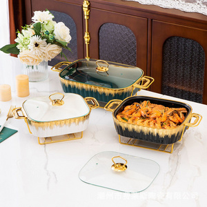 Factory custom 11/13/15 inch gold oval shape casserole marble ceramic buffet soup pot with iron stand With Glass Lid