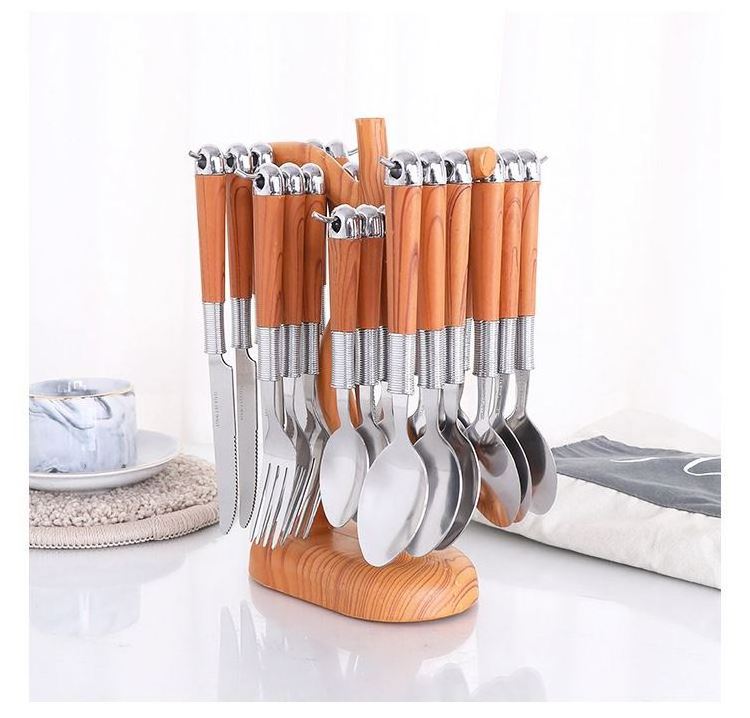 Hot Selling Wooden Handle Stainless Steel Flatware Set Knife Serve Fork Spoon Portable 24pcs Dinnerware Tableware Set With Rack