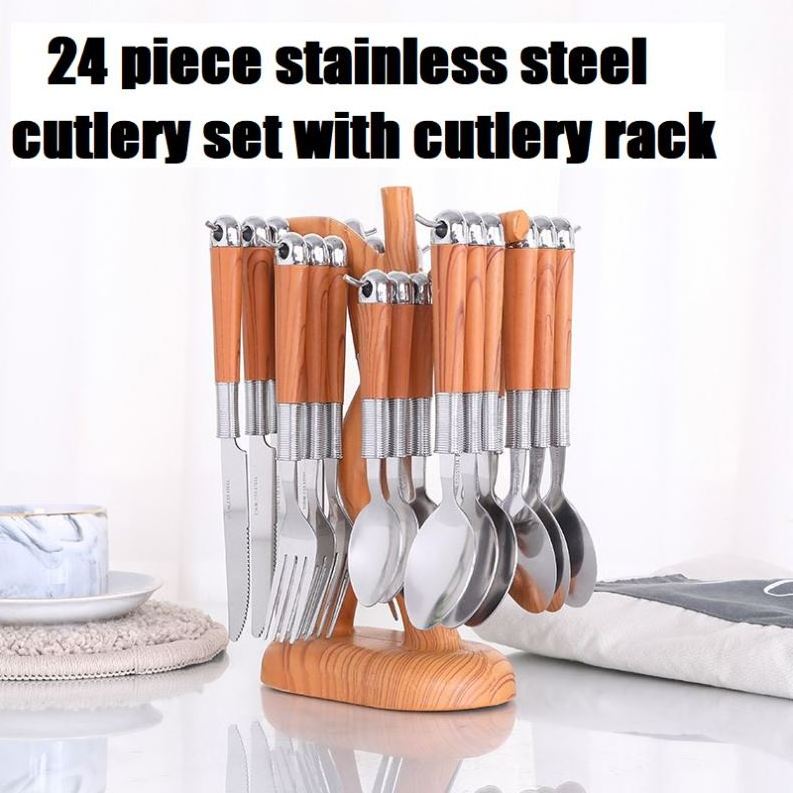 Hot Selling Wooden Handle Stainless Steel Flatware Set Knife Serve Fork Spoon Portable 24pcs Dinnerware Tableware Set With Rack