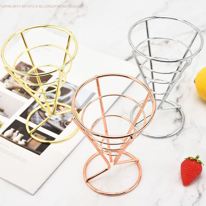 Stainless Steel Stand Cone French Fry Chips Basket Fry Holder For Kitchen Display Serving Rack