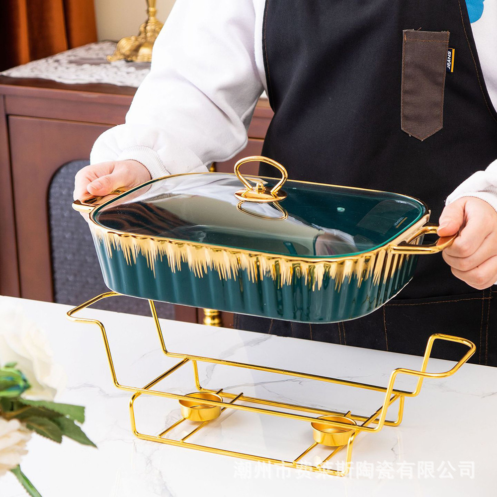 Factory custom 11/13/15 inch gold oval shape casserole marble ceramic buffet soup pot with iron stand With Glass Lid