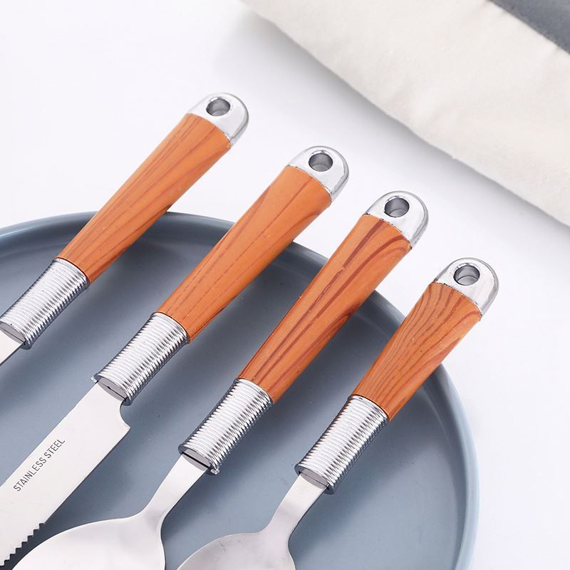 Hot Selling Wooden Handle Stainless Steel Flatware Set Knife Serve Fork Spoon Portable 24pcs Dinnerware Tableware Set With Rack